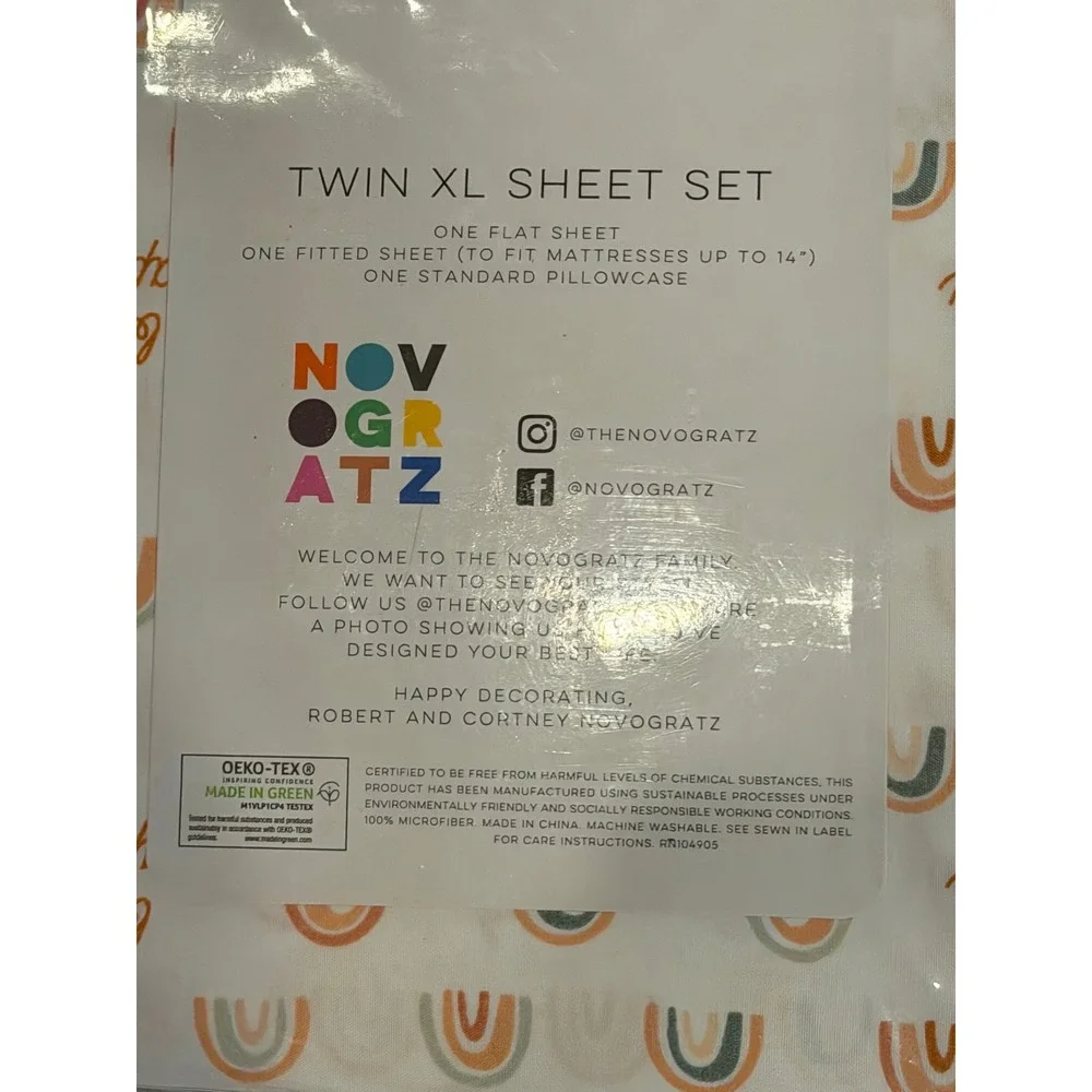 Novogratz Home Twin XL Sheet Set Be Happy Rainbow Microfiber White 3 Piece